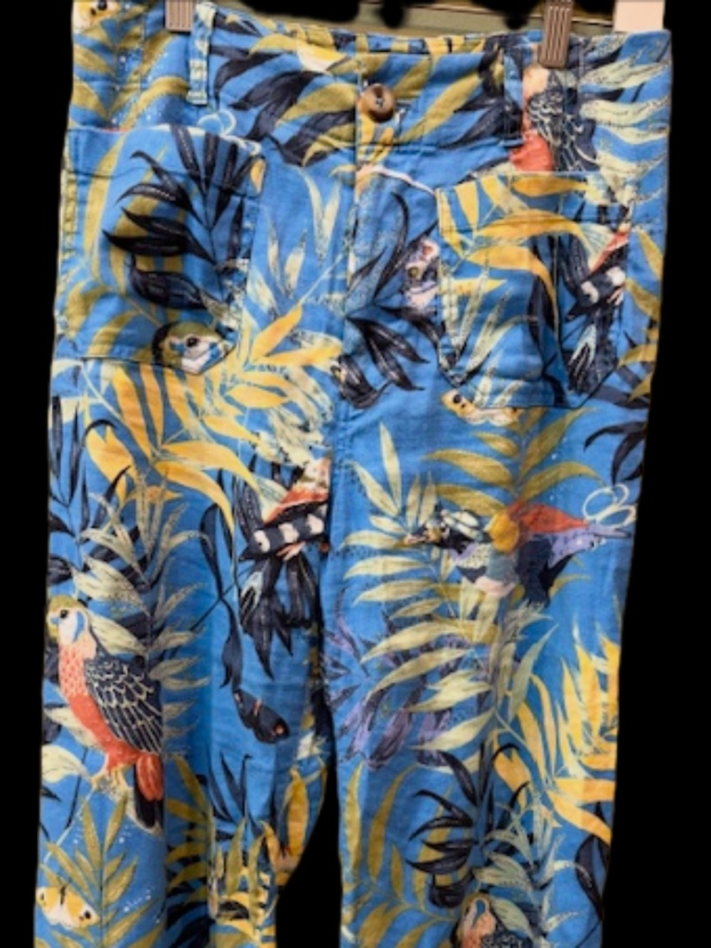 Maeve Tropical Parrot Wide Leg Pants in Blue and Yellow